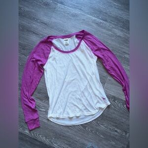 PINK Victoria's Secret White Tee with Magenta Raglan Sleeves
